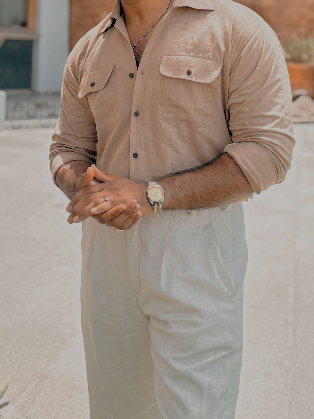 Ivory Sand — Beige Sartorial Pleated Linen Pant for Men