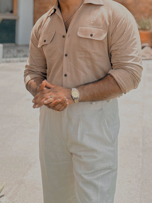 Ivory Sand — Beige Sartorial Pleated Linen Pant for Men