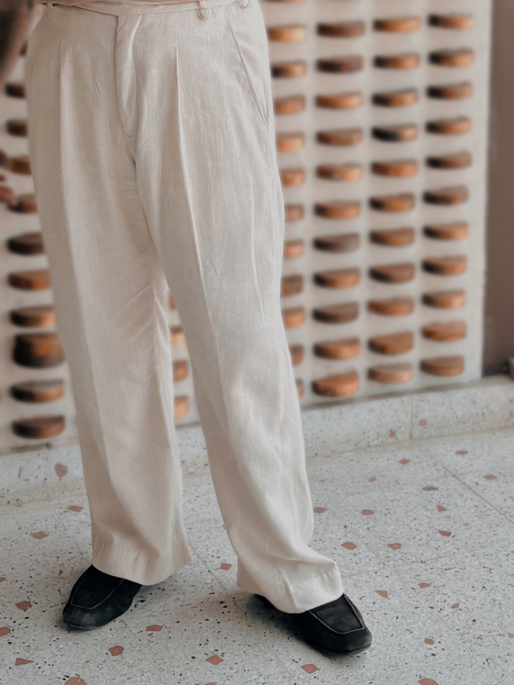 Ivory Sand — Beige Sartorial Pleated Linen Pant for Men